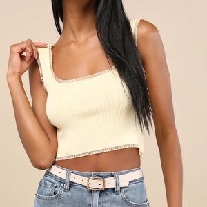 Lulus NWT Josepha Light Yellow Ribbed Knit Ruffled Crop Tank Top